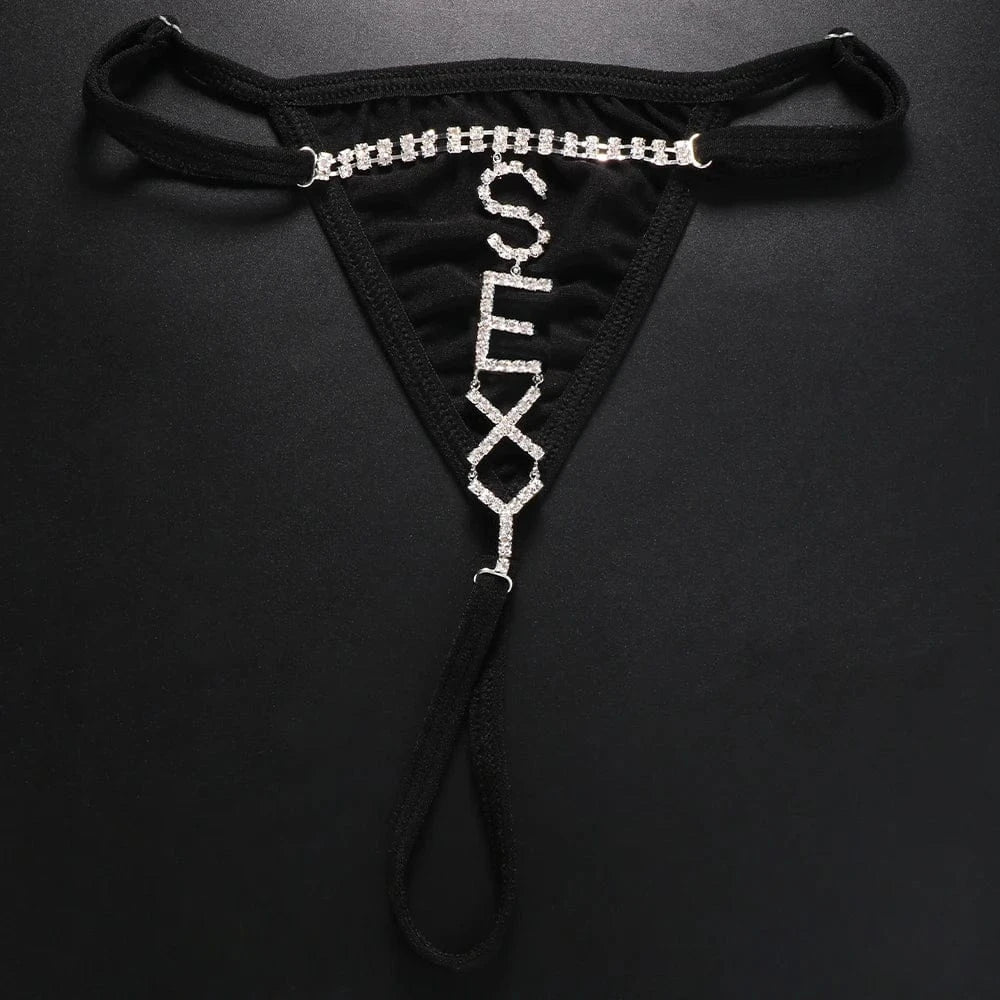 Gold Plated / Black Sexy Women Beach Bikini Thong Underwear Fashion Crystal Letter SEXY Panties Body Jewelry 2022