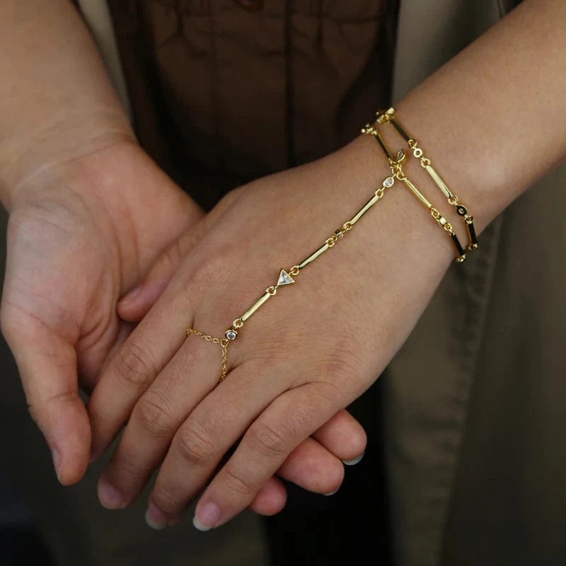 Gold Plated Fashion Women Jewelry Geometric Bar CZ Charm Double Wrist Hand Chain Bracelet For Women