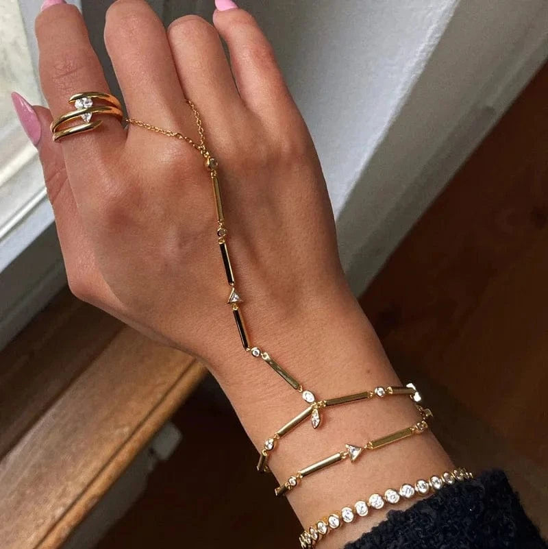 Gold Plated Fashion Women Jewelry Geometric Bar CZ Charm Double Wrist Hand Chain Bracelet For Women