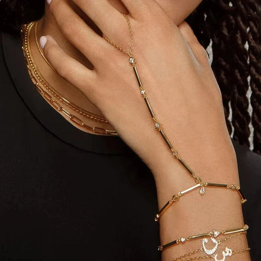 Gold Plated Fashion Women Jewelry Geometric Bar CZ Charm Double Wrist Hand Chain Bracelet For Women