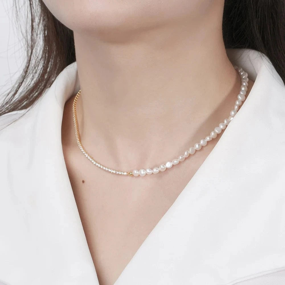 Gold Plated GPN27 Rinntin Daitny Chunky Half Barque Pearl Half Silver Tennis Chain Choker Necklace 14k Gold Plated Pearl Necklace For Women
