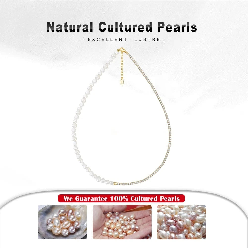 Gold Plated GPN27 Rinntin Daitny Chunky Half Barque Pearl Half Silver Tennis Chain Choker Necklace 14k Gold Plated Pearl Necklace For Women