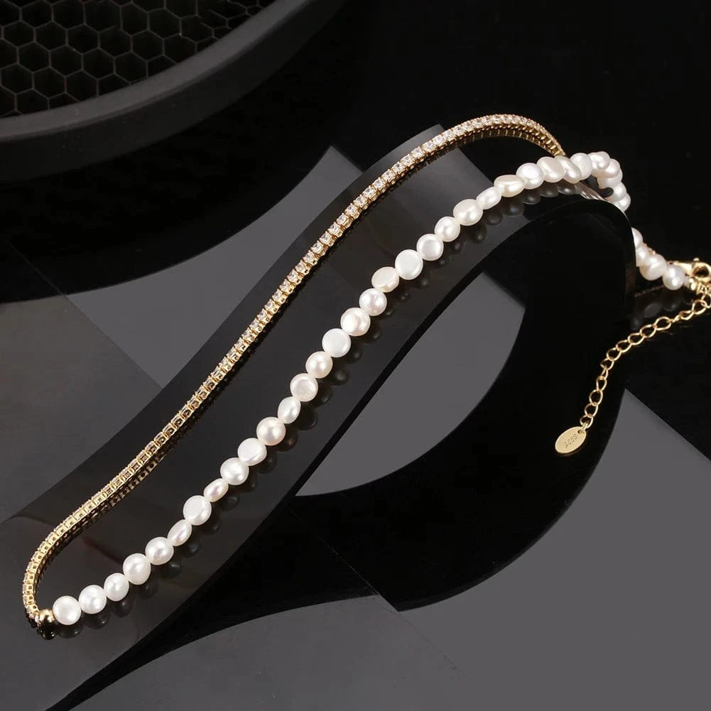 Gold Plated GPN27 Rinntin Daitny Chunky Half Barque Pearl Half Silver Tennis Chain Choker Necklace 14k Gold Plated Pearl Necklace For Women