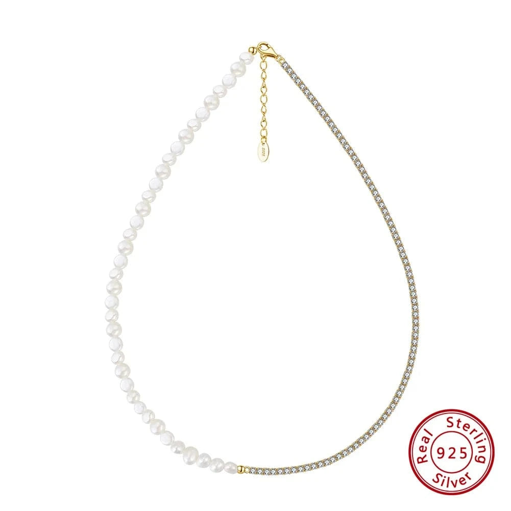 Gold Plated GPN27 Rinntin Daitny Chunky Half Barque Pearl Half Silver Tennis Chain Choker Necklace 14k Gold Plated Pearl Necklace For Women