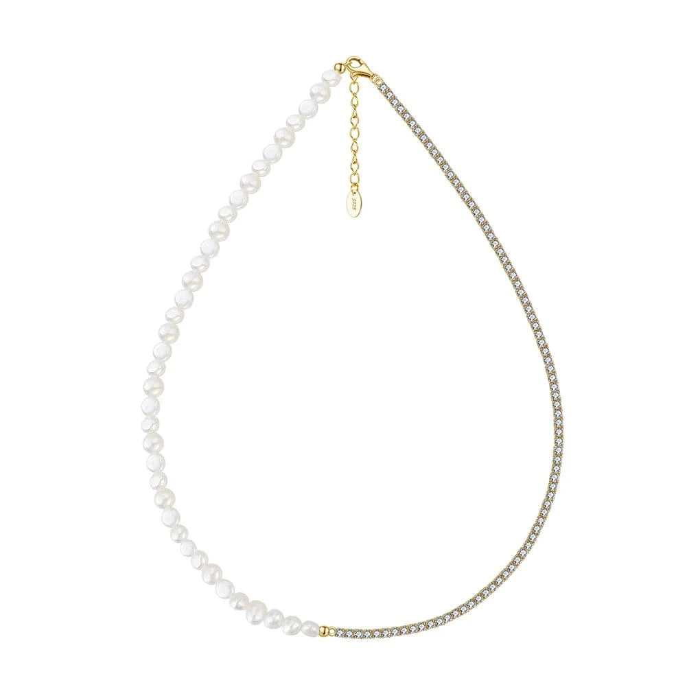 Gold Plated GPN27 Rinntin Daitny Chunky Half Barque Pearl Half Silver Tennis Chain Choker Necklace 14k Gold Plated Pearl Necklace For Women