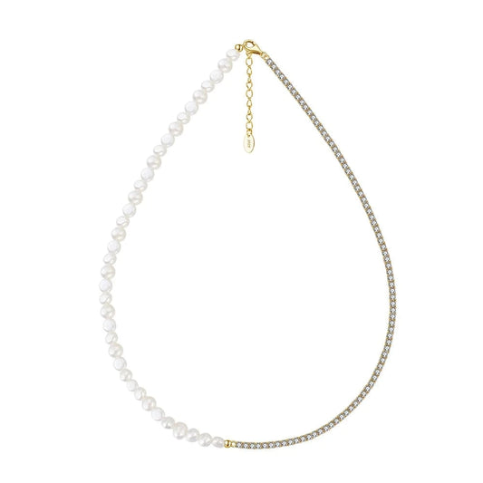 Gold Plated GPN27 Rinntin Daitny Chunky Half Barque Pearl Half Silver Tennis Chain Choker Necklace 14k Gold Plated Pearl Necklace For Women