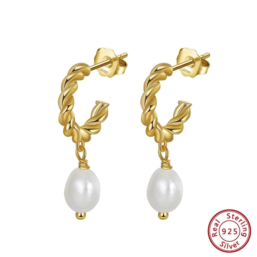 Gold Plated RINNTIN GPE17 Genuine 925 Sterling Silver Twisted Hoop Earring Irregular Freshwater Baroque Pearl Jewelry Gifts For Women Girls