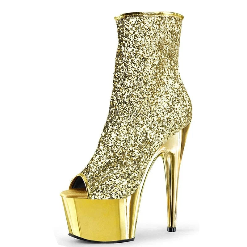 Gold Plated thin heel banquet high heels 17 cm platform short boots fish mouth bare boots women's sexy short boots