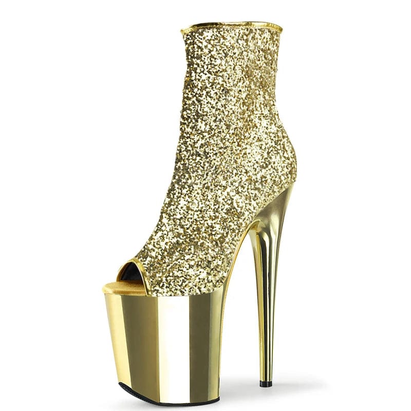 Gold Plated thin heel banquet high heels 20 cm platform short boots fish mouth bare boots women's sexy short boots