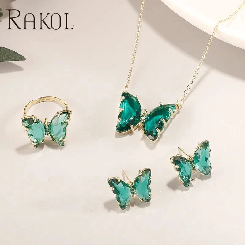 Gold plating green stone RAKOL SP3526 2022 Women New Design Colorful Crystal Butterfly Pendant Necklace  Earrings Ring Set Gold Plated 18k Stud Earrings