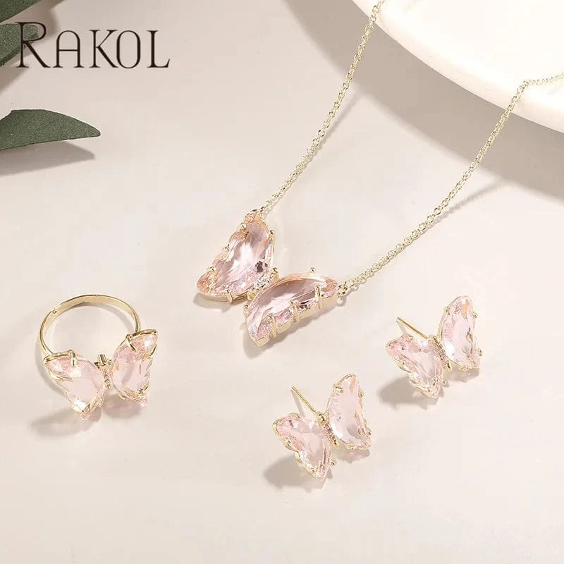 Gold plating Pink stone RAKOL SP3526 2022 Women New Design Colorful Crystal Butterfly Pendant Necklace  Earrings Ring Set Gold Plated 18k Stud Earrings
