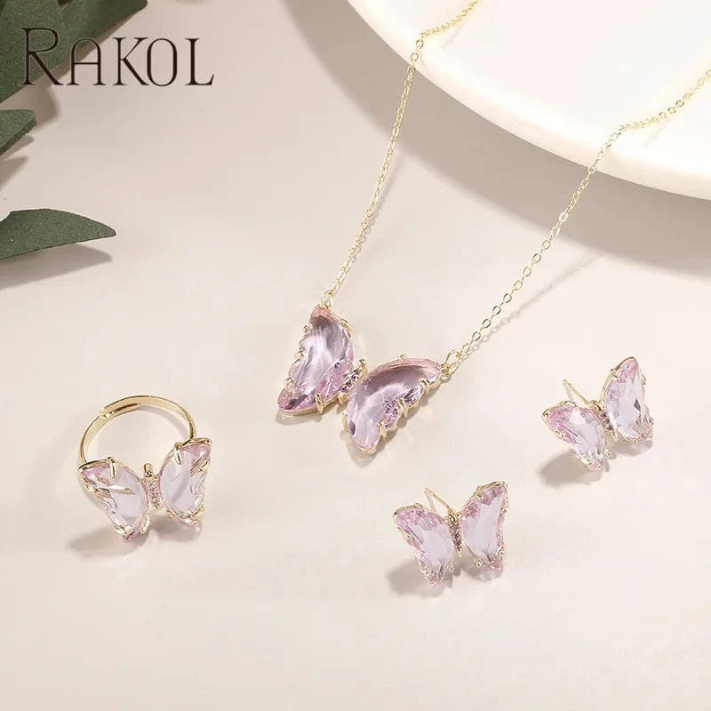 Gold plating Purple stone RAKOL SP3526 2022 Women New Design Colorful Crystal Butterfly Pendant Necklace  Earrings Ring Set Gold Plated 18k Stud Earrings