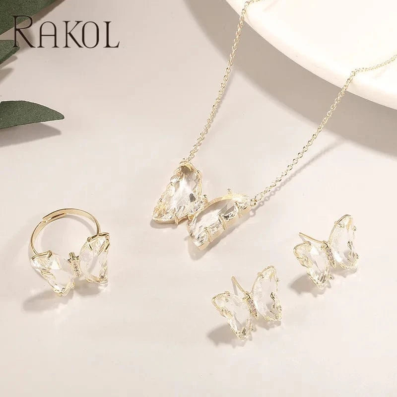 Gold plating White stone RAKOL SP3526 2022 Women New Design Colorful Crystal Butterfly Pendant Necklace  Earrings Ring Set Gold Plated 18k Stud Earrings