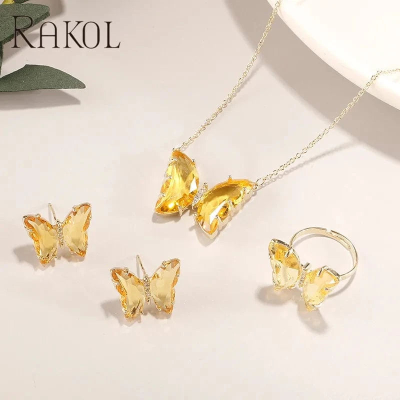 Gold plating yellow stone RAKOL SP3526 2022 Women New Design Colorful Crystal Butterfly Pendant Necklace  Earrings Ring Set Gold Plated 18k Stud Earrings