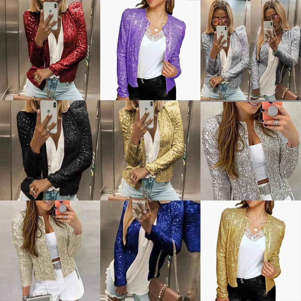 Gold Purple Shiny Sequins Round Neck Cardigan Jacket Women Fashion Short Coat Silver Blue Nothing Red Outerwear Female Overcoat