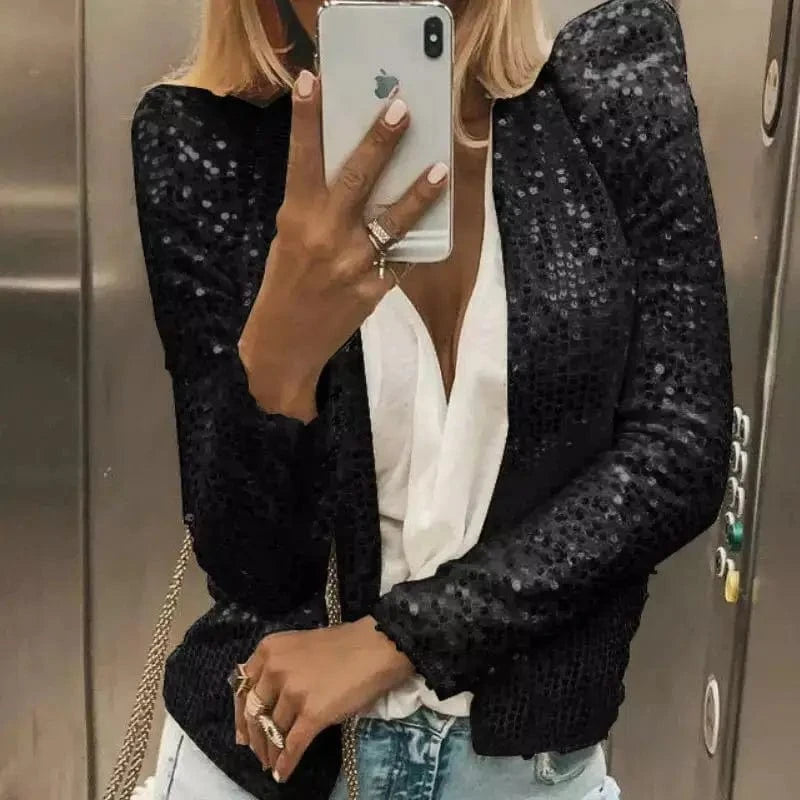 Gold Purple Shiny Sequins Round Neck Cardigan Jacket Women Fashion Short Coat Silver Blue Nothing Red Outerwear Female Overcoat