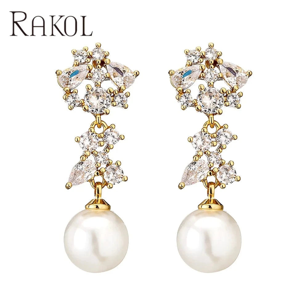 Gold RAKOL EP1067 2022 ladies wedding freshwater pearl long drop earrings gold plated zircon crystal party bridal earrings