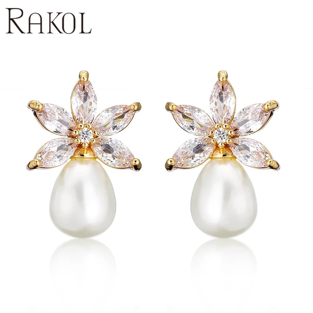 Gold RAKOL EP1161 2022 fashion jewelry cute pearl earring charms flower pearl earrings zirconia pearl earrings