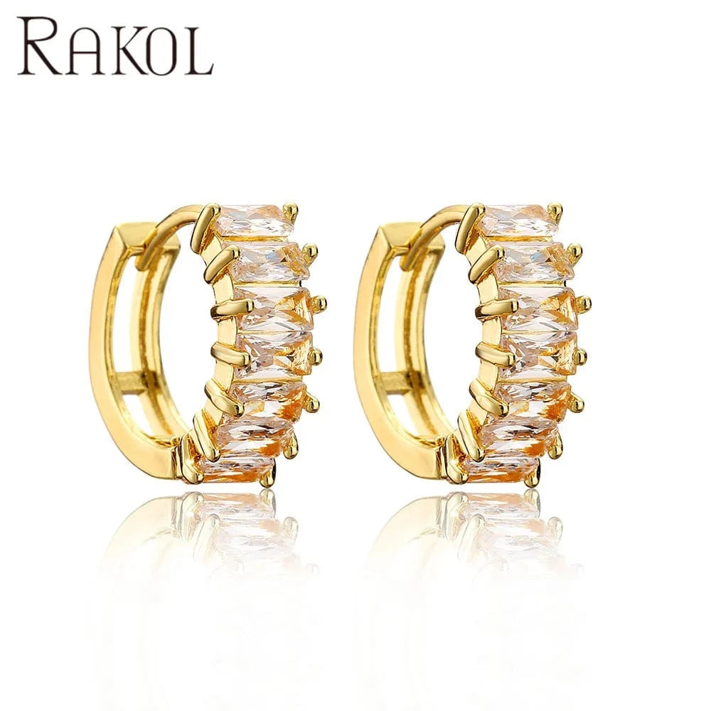 Gold RAKOL EP1192 Fashion Jewelry Clip On Earrings Women Gold Plated C Shaped Hoop Earrings Jewelry 18 k Cubic Zirconia Cuff Earrings