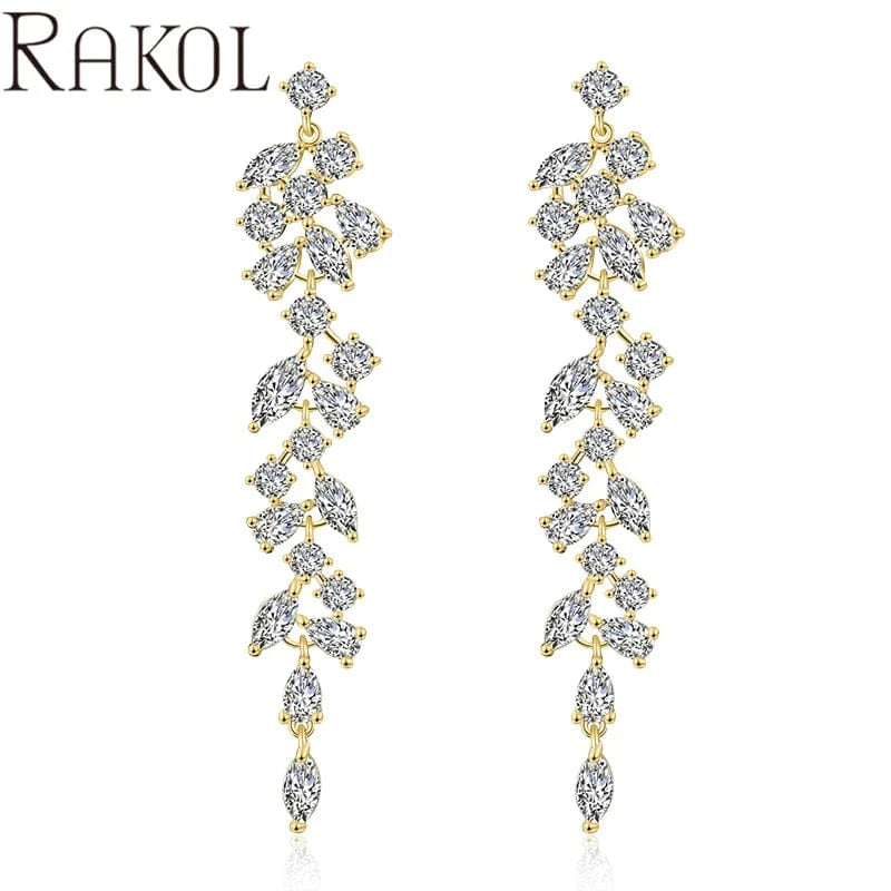 Gold RAKOL EP2232 Luxury Long Drop 18k Gold Plated Cubic Zirconia CZ Wedding Bridal Earrings Jewelry For Women 2023