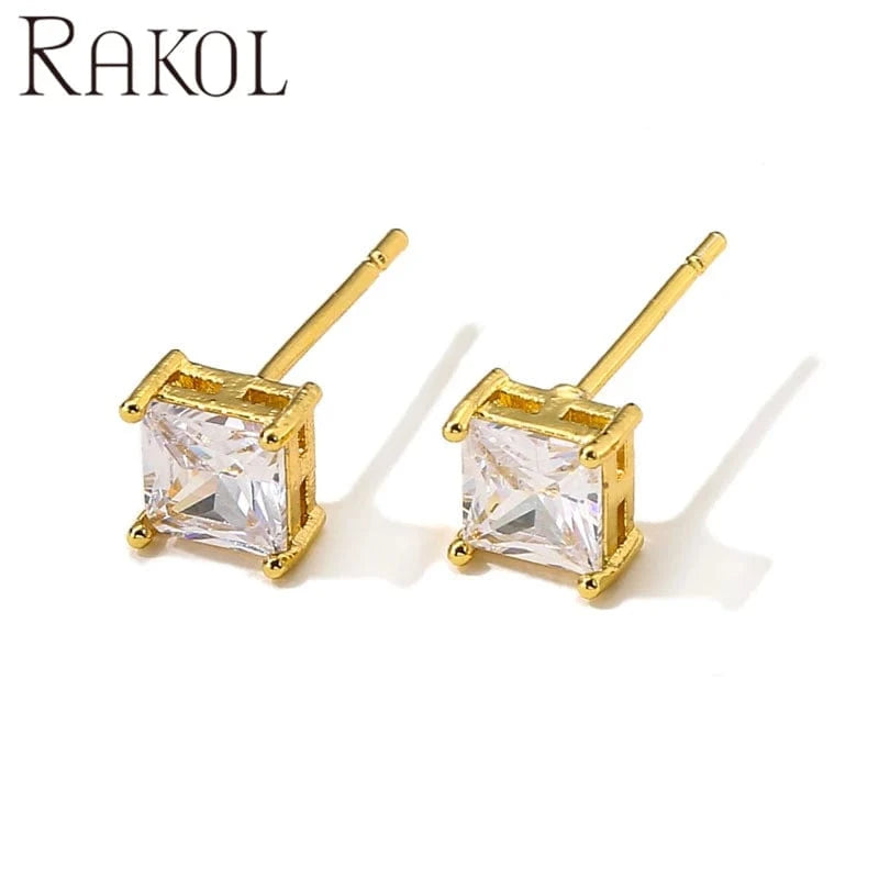 Gold RAKOL EP2547 Trendy Women Simple Cubic Zirconia Druzy 925 silver stud earring square diamond crystal stud earrings jewelry