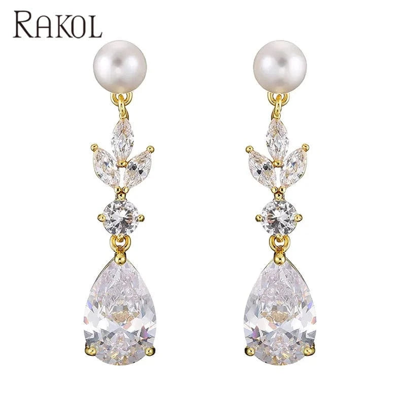 Gold RAKOL EP2724 luxury women's long dangle cubic zirconia pearl studs earrings jewelry women gold plated earrings 18k