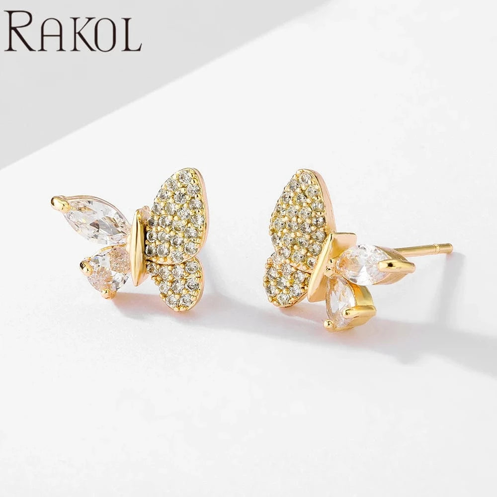 Gold RAKOL EP5156 Korean Trendy Delicate Cute Butterfly shape Crystal Fine Jewelry Stud Earrings Earings Women Free Shipping