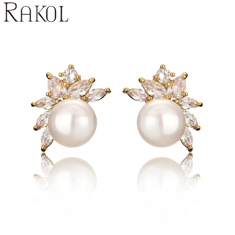 Gold RAKOL EP5340 2022 Hot Sales New Designer Pearl Earrings Cubic Zirconia Bridal Stud Earrings Women 925 Sliver Earrings Jewelry