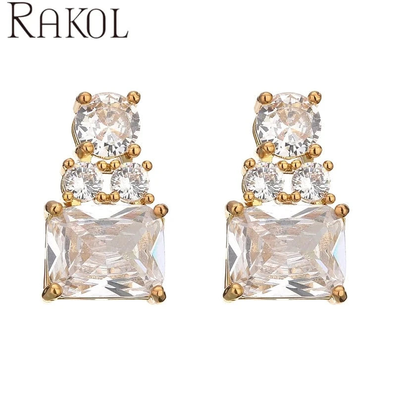 Gold RAKOL EP5460 newest fashion shining square colorful crystal handmade 18k gold plated copper stud earring for lady