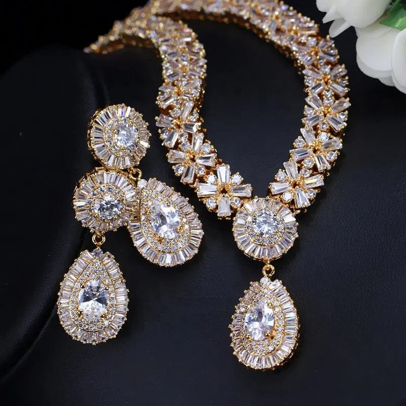 Gold RAKOL SP232 American Style Popular Honorable Jewelry Full Inlay Crystal Zircon Water Shape Pendant Wedding Bridal Jewelry Set