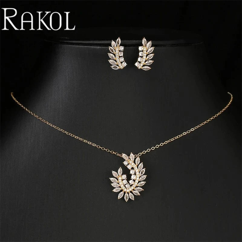 Gold RAKOL SP3517 Fashion 18k Gold Plated Wedding Pendant Bridal Flower Leaf Design Necklace Earrings Jewelry Sets For Women