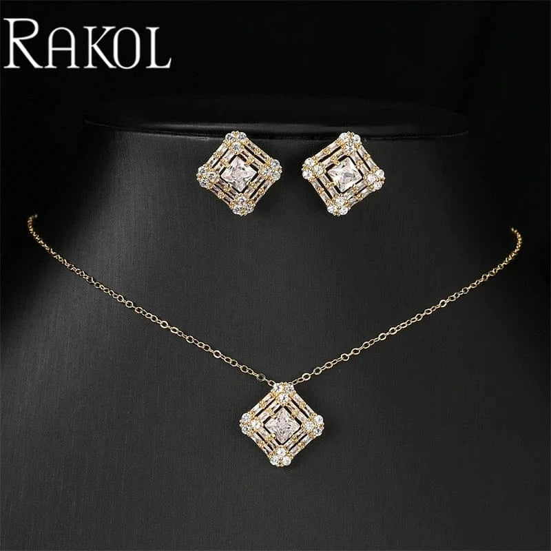 Gold RAKOL SP3521 Hot Selling Fine Sterling Silver Necklace Earrings Jewelry Sets Bridal Diamond Zirconia Wedding Jewelry Sets