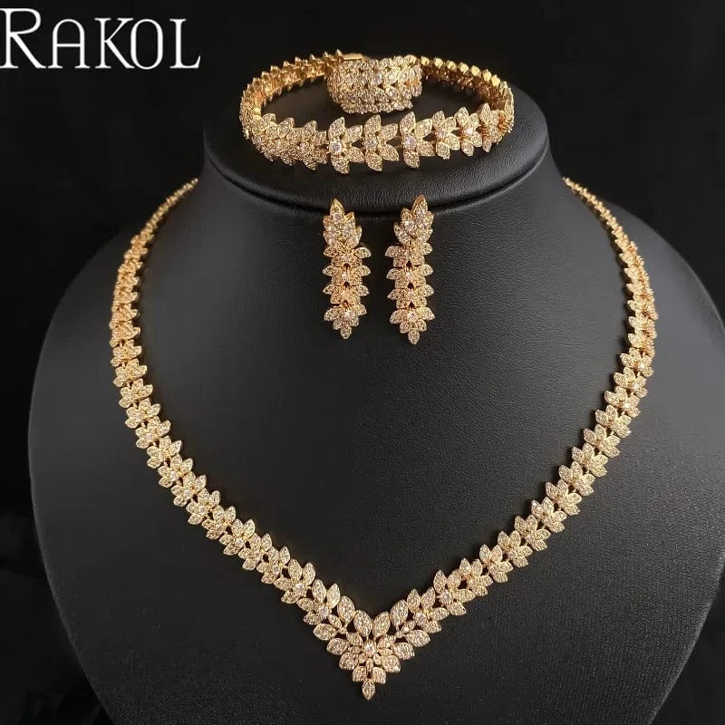 Gold RAKOL WSP04 Luxury Crystal Zircon Dubai Bridal Wedding Jewelry Sets Flower Leaf Necklace Earrings Bracelet Ring Jewelry Sets