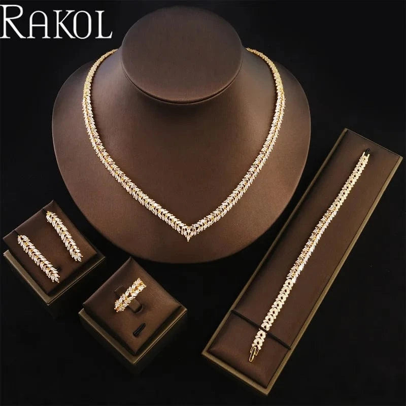 Gold RAKOL ZPS232 Luxury Crystal Sterling Silver Jewellery Set Cubic Zirconia Wedding Necklace Earring Ring Bracelet Jewelry Sets