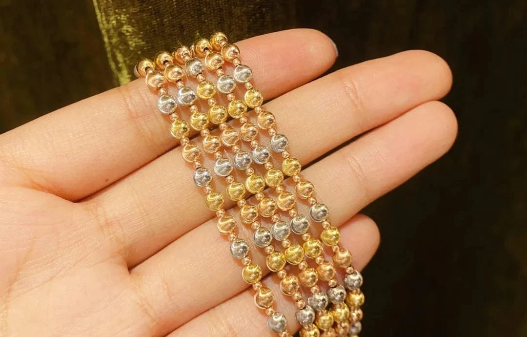 Gold Real Gold 18K Bracelets Design Lovely Delicate 18k Pure Solid Gold Sparkling Colored Bead Ball Chain Bracelet Gold Jewelry