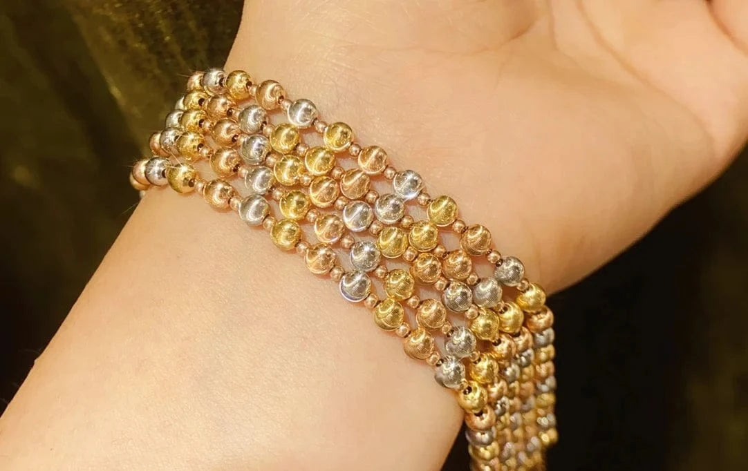 Gold Real Gold 18K Bracelets Design Lovely Delicate 18k Pure Solid Gold Sparkling Colored Bead Ball Chain Bracelet Gold Jewelry