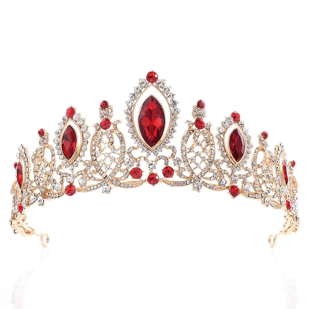 Gold +Red Stone RS087 Rhinestone Metal Tiara Blue Crystal Crown for Wedding Accessories for Bride