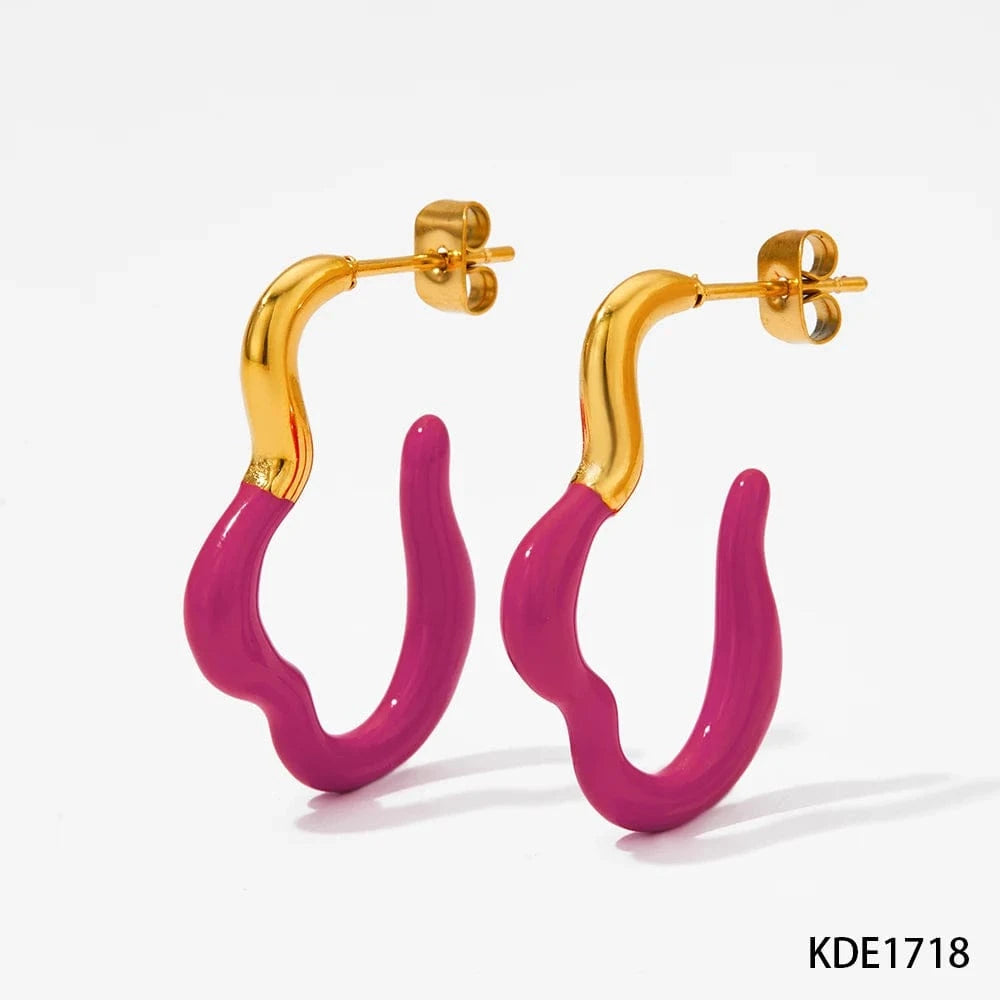 Gold-Rose Red-(D1718) Squiggle Curve Shape Stud Earrings Stainless Steel Irregular Colorful Enamel Charms Hoop Earrings Jewelry Women