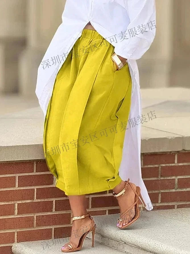 Gold / S / CHINA Women's Khaki Capri Trousers Pockets pleated Wide Leg Casual Vintage Loose Harajuku High Waist Leisure Calf-length Pants