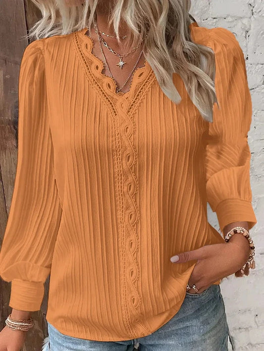 Gold / S Elegant Summer Hollow Lace Patchwork Women Shirt Chic Blouse V Neck Long Sleeve Shirt Plain Lace Casual Basic Regular Tops