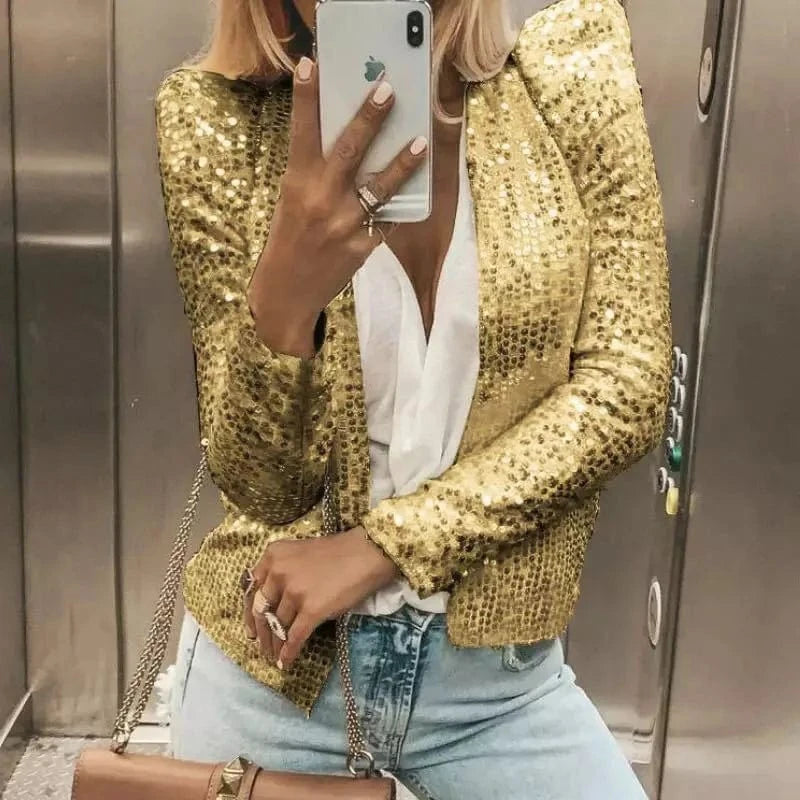 Gold / S Gold Purple Shiny Sequins Round Neck Cardigan Jacket Women Fashion Short Coat Silver Blue Nothing Red Outerwear Female Overcoat