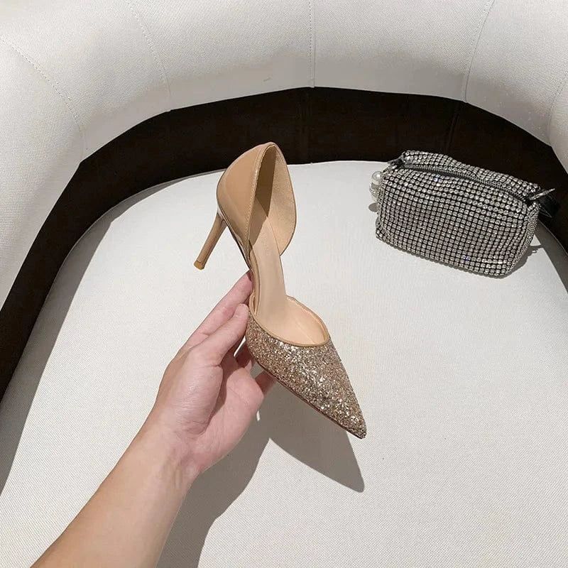 Gold Sequins High Heels for Ladies New Stilettos Point Toe Shallow Women Autumn Wedding Dress Shoes