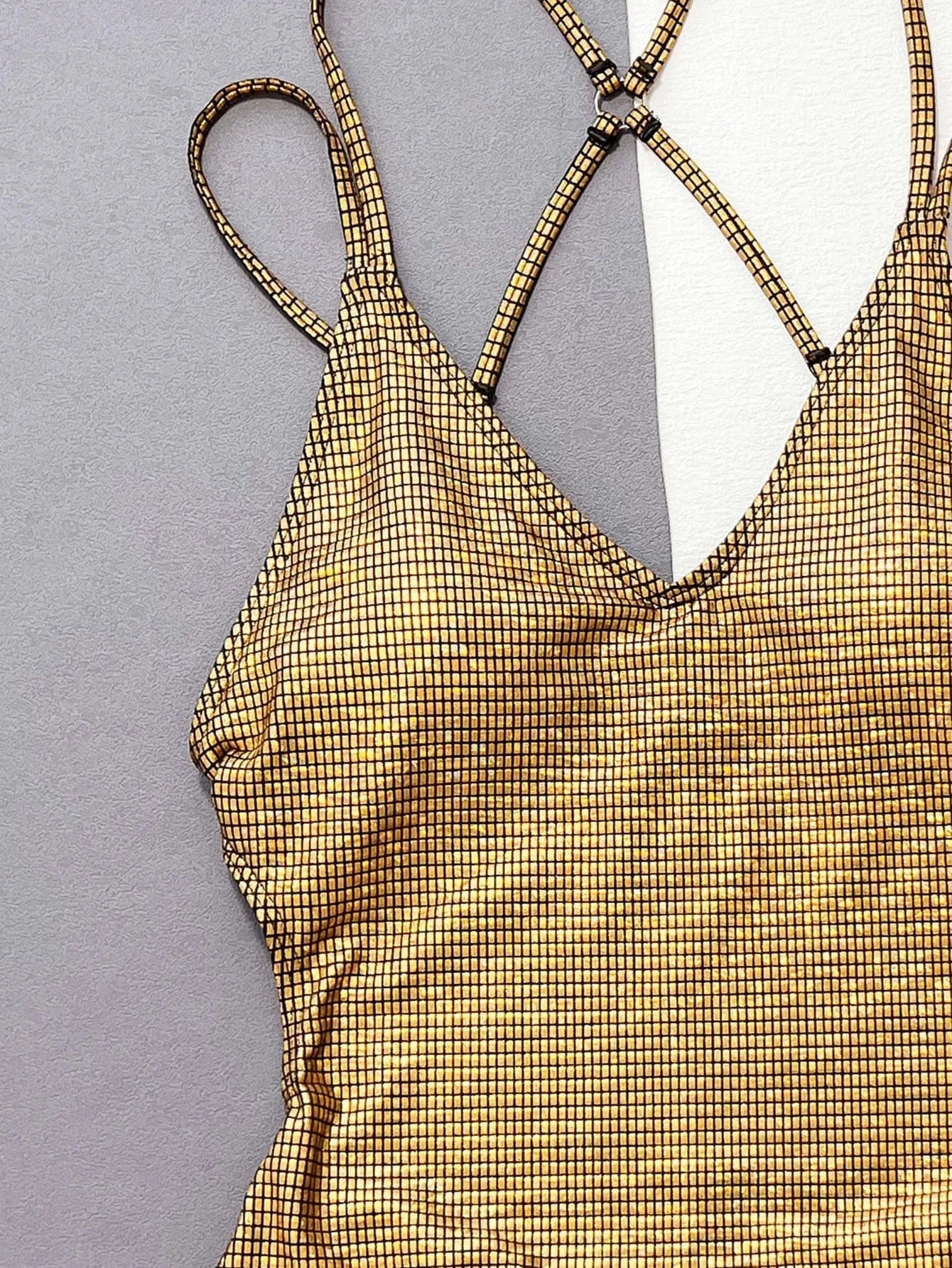 Gold Shiny sequin fabric high cut swimwear one pieces swimsuit 2024 sexy women multi bandage swim bathing suit