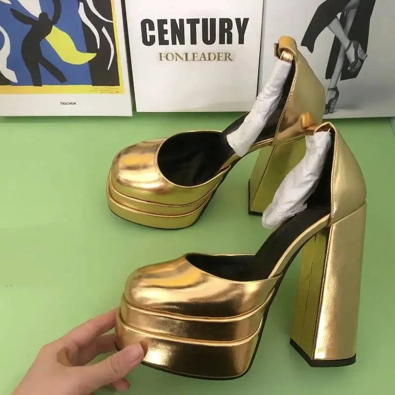 Gold/Siilver Rhinestone Party Night Club Fashion Chunky Escarpins HIgh Winter Shoes Platform Heels