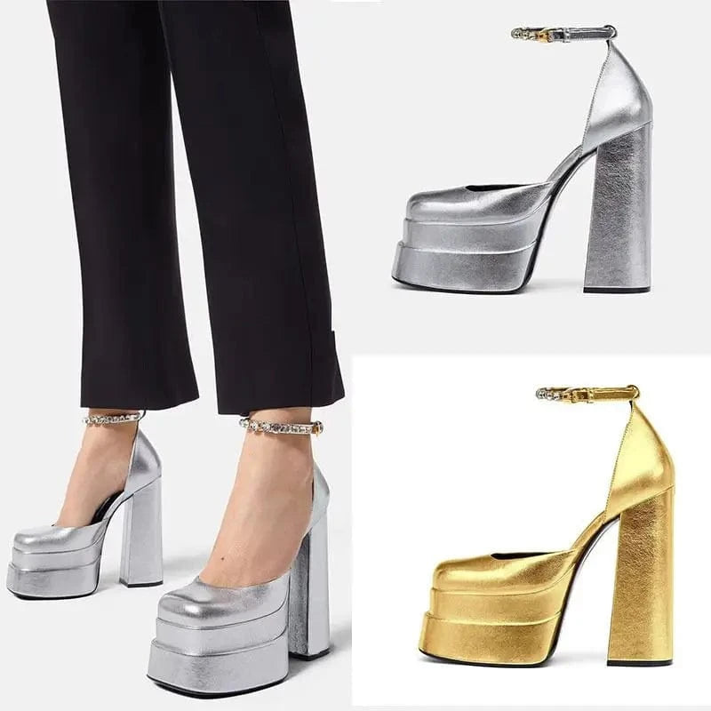 Gold/Siilver Rhinestone Party Night Club Fashion Chunky Escarpins HIgh Winter Shoes Platform Heels