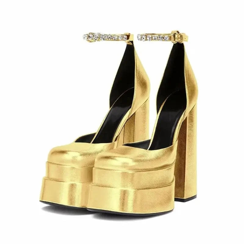 Gold/Siilver Rhinestone Party Night Club Fashion Chunky Escarpins HIgh Winter Shoes Platform Heels