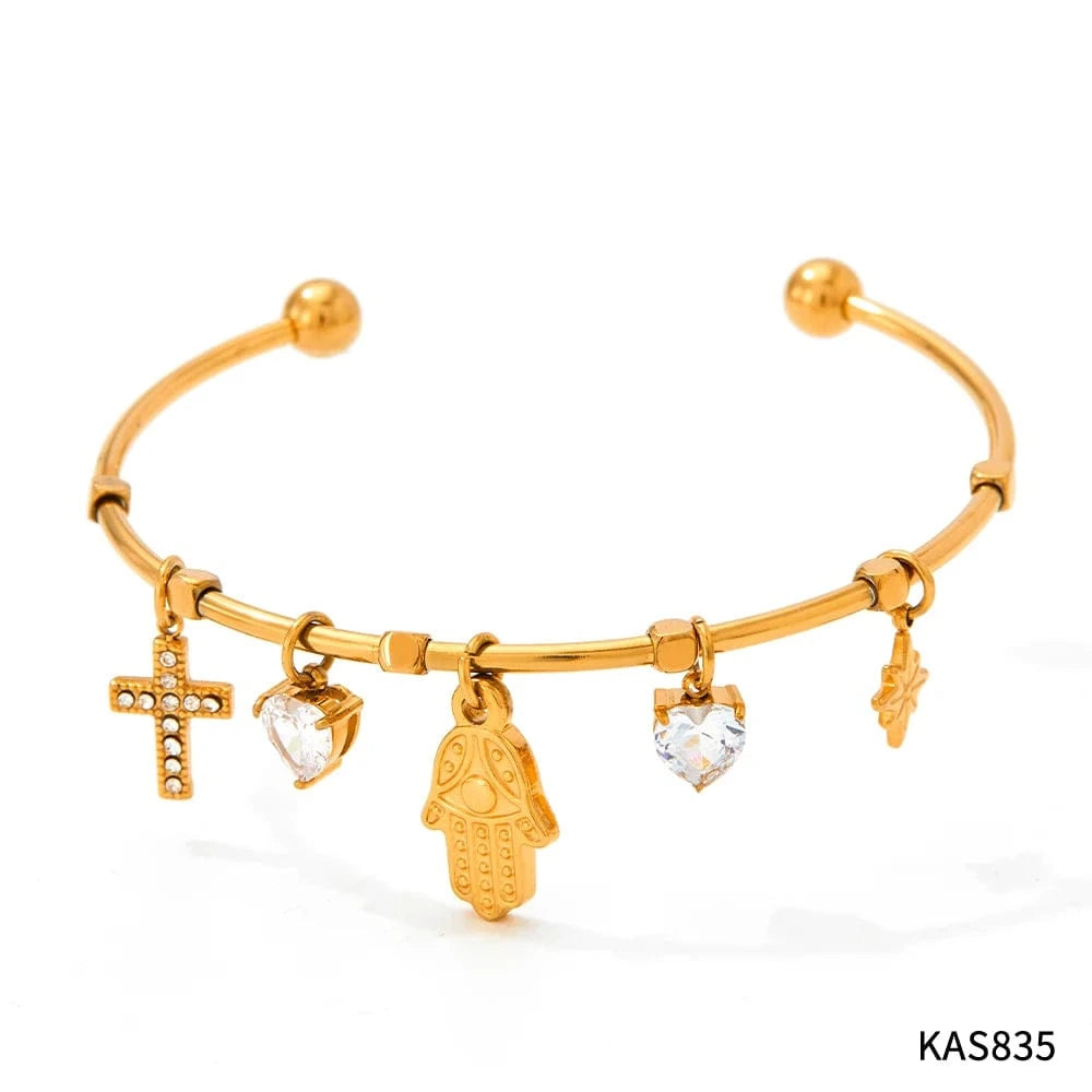 Gold Tarnish Free Gold Plated Open Cuff Bangle Stainless Steel Eye Heart Zircon Cross Hasma Hand North Star Charms Bracelets & Bangle