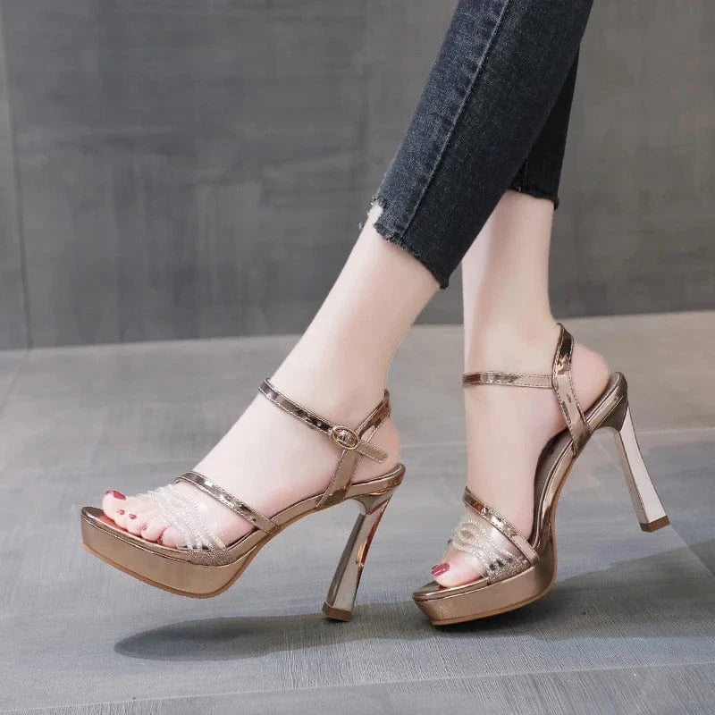 Gold wedding shoes women's 2022 summer new open toe rhinestone stiletto high heels one word buckle sandals