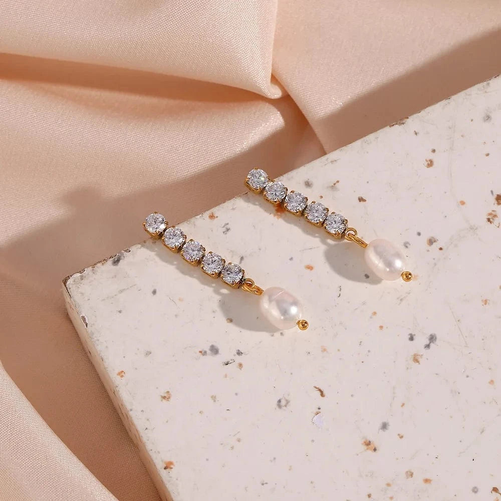 Gold White Cubic Zircon Earrings For Women Freshwater Pearl Earring Dangle Long Earrings Jewelry