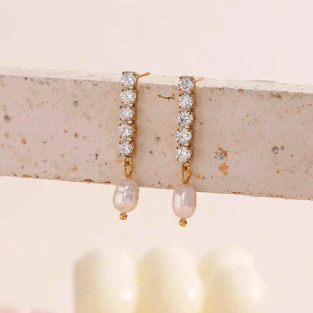 Gold White Cubic Zircon Earrings For Women Freshwater Pearl Earring Dangle Long Earrings Jewelry